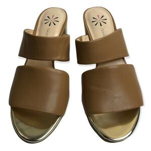 Isaac Mizrahi Womens Faith Brown Leather Strappy Gold Heel Slide Sandal Sz 8M